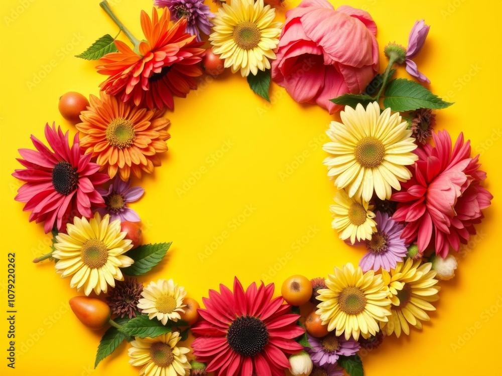 Circle composition of colorful flowers and fresh fruits arranged in a circular pattern with a blank space in the center on a bright background, copy space, pattern, bright background Circle composition of colorful flowers and fresh fruits arranged in a circular pattern with a blank space in the center on a bright background, copy space, pattern, bright background