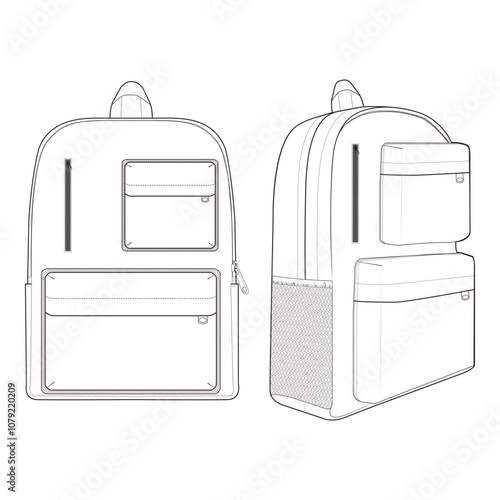 White backpack with additional side pocket, illustrated in front and side views.


