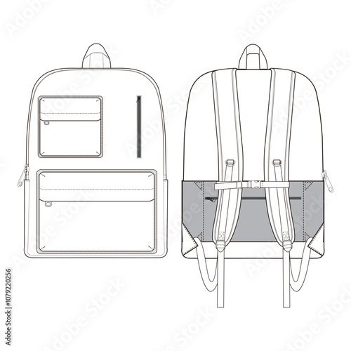 White backpack with front pocket and dual shoulder straps, shown in front and back views.

