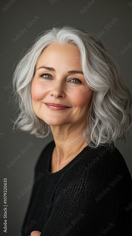 Graceful and confident mature woman with gray hair in a stunning portrait Graceful and confident mature woman with gray hair in a stunning portrait