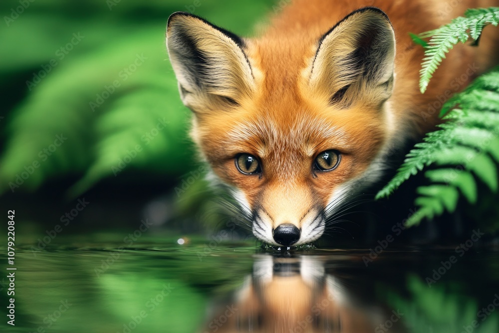 A fox cub drinks from a forest brook surrounded by lush greenery in soft summer light A fox cub drinks from a forest brook surrounded by lush greenery in soft summer light
