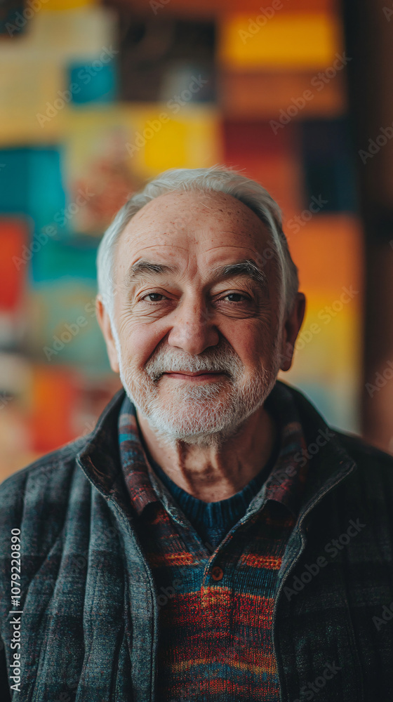 Close-up portrait of a smiling senior man with a colorful background, capturing his happiness, wisdom, and the vibrant spirit of life Close-up portrait of a smiling senior man with a colorful background, capturing his happiness, wisdom, and the vibrant spirit of life