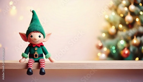 A cute elf toy sitting on a shelf, with a softly blurred Christmas tree in the background, creating a warm and festive atmosphere perfect for the holiday season