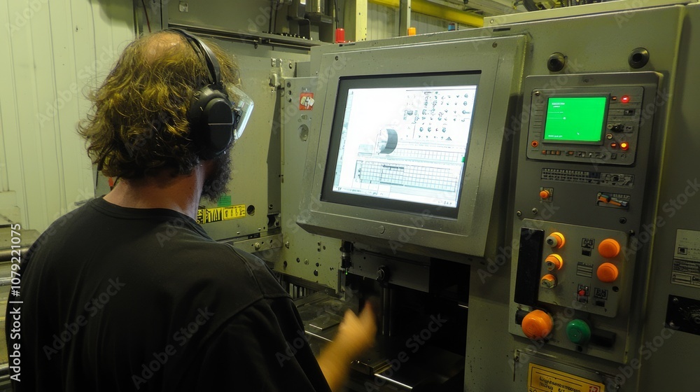 Precision in Manufacturing: Detailed View of CNC Machine in Operation with Technician Monitoring, Illustrating Advanced American Technology Precision in Manufacturing: Detailed View of CNC Machine in Operation with Technician Monitoring, Illustrating Advanced American Technology