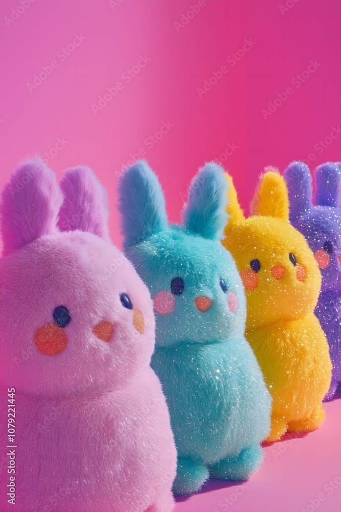 Four colorful plushies side view on a pink background