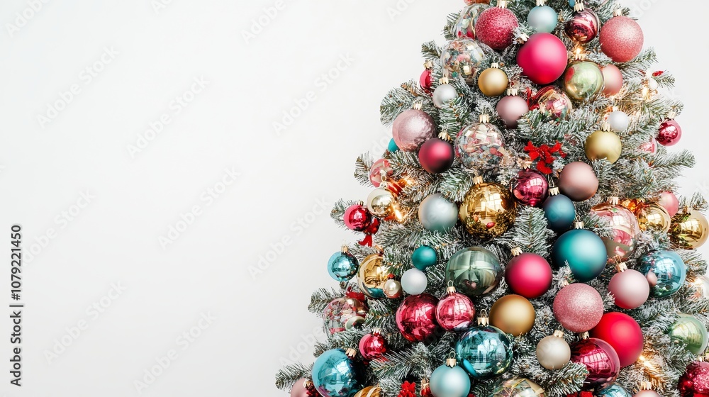 A Christmas tree adorned with a variety of colorful ornaments, including shiny baubles, candy canes, and festive ribbons. A Christmas tree adorned with a variety of colorful ornaments, including shiny baubles, candy canes, and festive ribbons.
