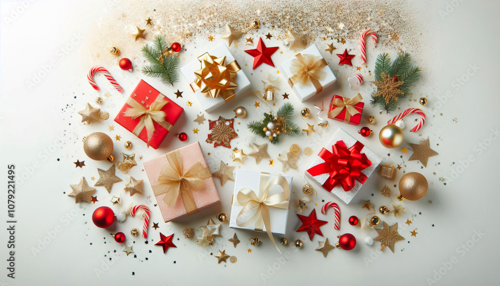 White background with red and gold gift boxes, star decorations, and confetti on the sides for Christmas or New Year banner decoration White background with red and gold gift boxes, star decorations, and confetti on the sides for Christmas or New Year banner decoration