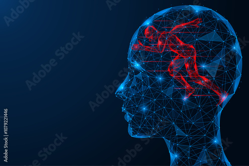 Internal motivation, a person running inside his head. Polygonal design of interconnected elements. Blue background.