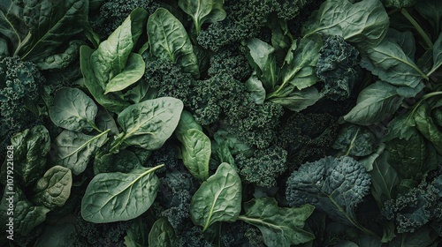 A rich assortment of green leafy vegetables like kale, spinach, and arugula on a textured backdrop with natural lighting photo