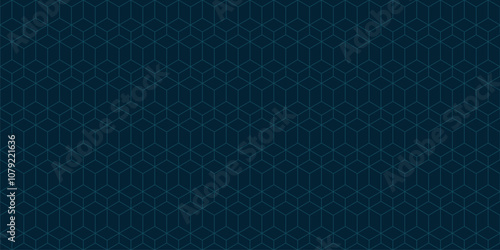 Subtle vector minimal seamless pattern with hexagonal lattice, 3d cube linear grid. Simple geometric texture with thin lines. Dark teal green color. Abstract minimalist background. Repeat geo design