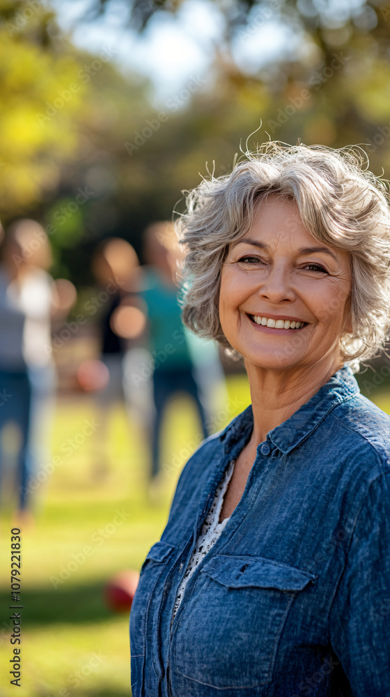 Senior woman with a joyful smile in the park, surrounded by active seniors enjoying retirement and an active lifestyle Senior woman with a joyful smile in the park, surrounded by active seniors enjoying retirement and an active lifestyle