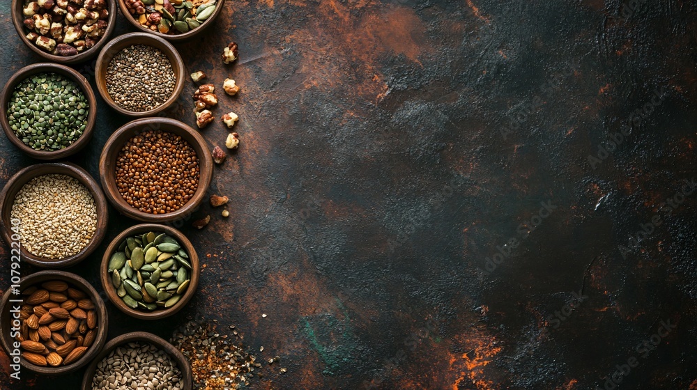 Array of roasted nuts and seeds in small bowls, set on a rustic backdrop, for a nourishing winter snack theme Array of roasted nuts and seeds in small bowls, set on a rustic backdrop, for a nourishing winter snack theme