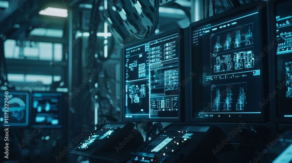 State-of-the-Art Factory Control Room with Technological Advancements in American Manufacturing. State-of-the-Art Factory Control Room with Technological Advancements in American Manufacturing.