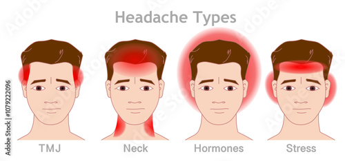 Headaches, neck, pain, hormones, TMJ, stress. Head, face pain types. Different treatment. Sick male cartoon face. Vector illustration