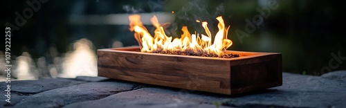 A wooden fire pit with flames burning inside, on a stone surface.