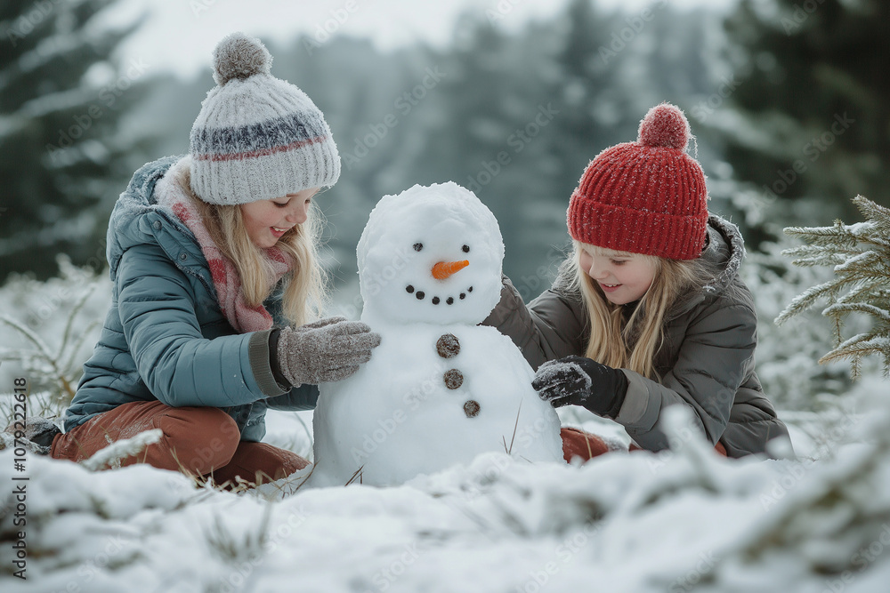 Children Building a Snowman in a Winter Landscape Children Building a Snowman in a Winter Landscape