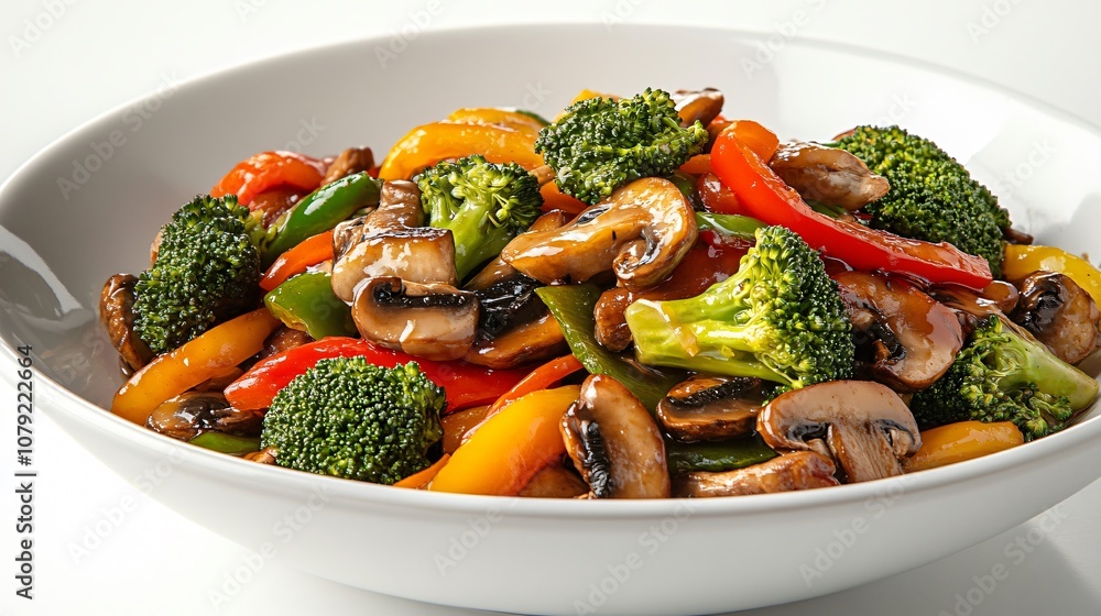 Close up of a colorful veggie stir-fry with broccoli, bell peppers, and mushrooms, isolated for a healthy winter meal Close up of a colorful veggie stir-fry with broccoli, bell peppers, and mushrooms, isolated for a healthy winter meal