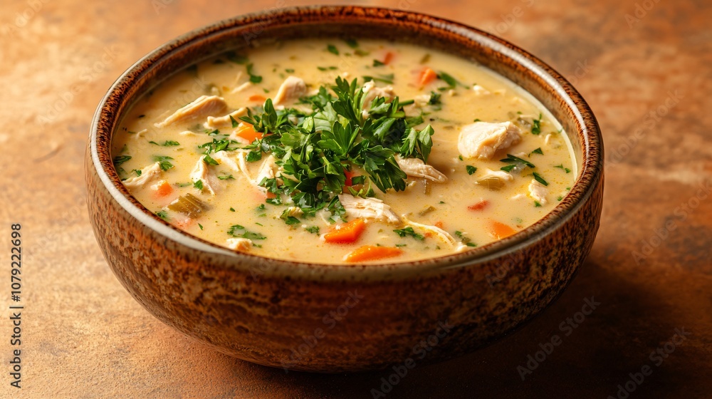 Classic homemade chicken soup in a ceramic bowl, garnished with fresh parsley and isolated on a warm-toned background Classic homemade chicken soup in a ceramic bowl, garnished with fresh parsley and isolated on a warm-toned background