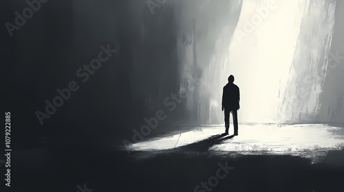 Solitary figure in minimalist space with dramatic shadows and stark light-dark contrast. Chiaroscuro. Illustration photo