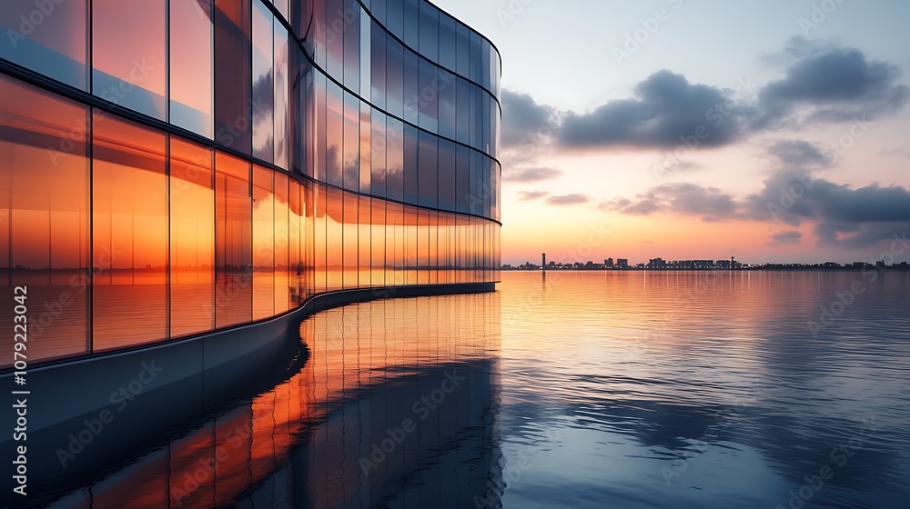 Glass curved building reflecting beautiful sunrise golden light image Glass curved building reflecting beautiful sunrise golden light image