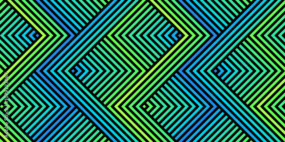 Vector geometric seamless pattern with zig zag lines, stripes, chevron, halftone effect. Abstract urban sport graphic texture. Trending 1980s - 1990s style background. Bright neon green blue gradient Vector geometric seamless pattern with zig zag lines, stripes, chevron, halftone effect. Abstract urban sport graphic texture. Trending 1980s - 1990s style background. Bright neon green blue gradient