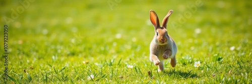 Cute rabbit running in green meadow with warm lighting, playful, running