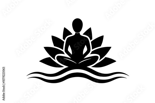 black vector yoga logo with lotus flower and meditating person silhouette