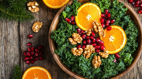 Colorful winter salad bowl with kale, pomegranate seeds, walnuts, and sliced oranges on a rustic wooden surface