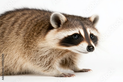 A curious raccoon with striking eyes explores a minimalist studio backdrop in soft lighting