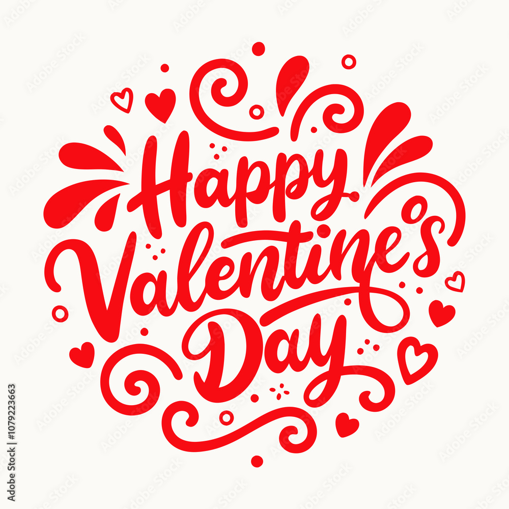 Happy Valentine's Day Lettering in bold, red script, surrounded by decorative swirls, hearts, and playful accents Happy Valentine's Day Lettering in bold, red script, surrounded by decorative swirls, hearts, and playful accents