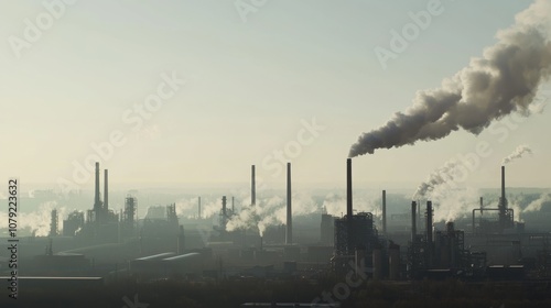 American Industrial Might - Panoramic View of Massive Manufacturing Complex with Smoke Stacks Against Clear Sky