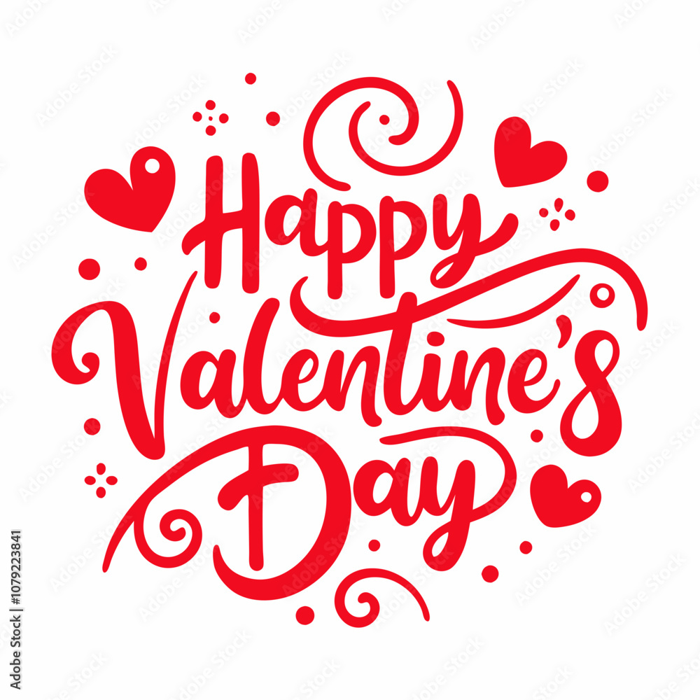 Happy Valentine's Day Lettering in bold, red script, surrounded by decorative swirls, hearts, and playful accents Happy Valentine's Day Lettering in bold, red script, surrounded by decorative swirls, hearts, and playful accents