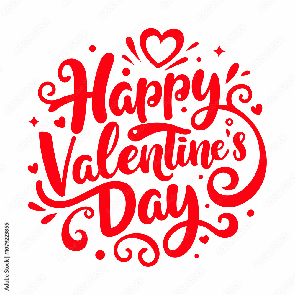 Happy Valentine's Day Lettering in bold, red script, surrounded by decorative swirls, hearts, and playful accents Happy Valentine's Day Lettering in bold, red script, surrounded by decorative swirls, hearts, and playful accents