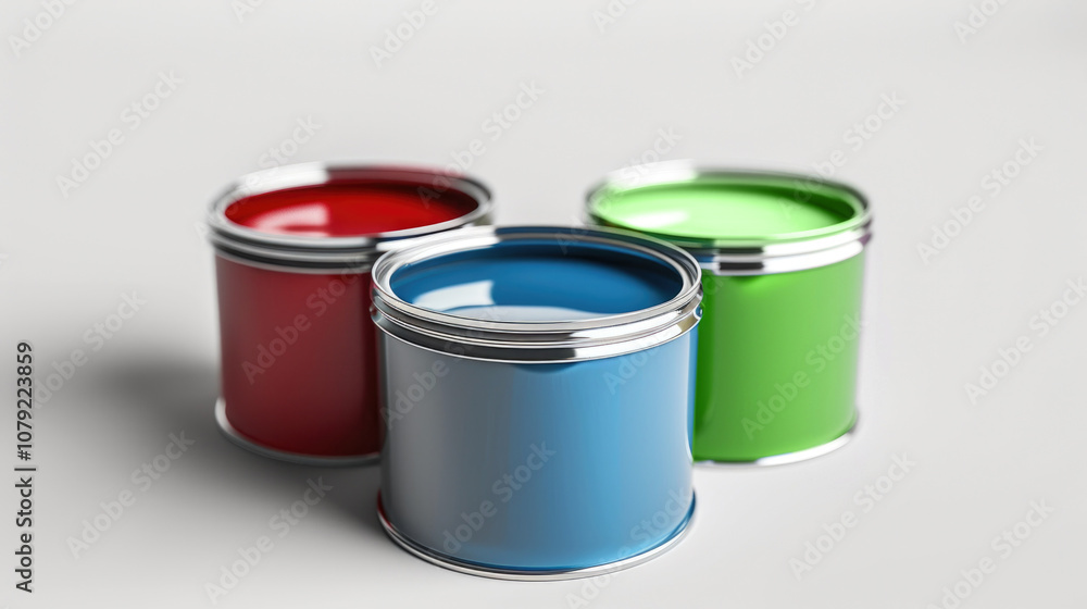 Three paint cans in red, blue, and green are positioned on a white background Three paint cans in red, blue, and green are positioned on a white background