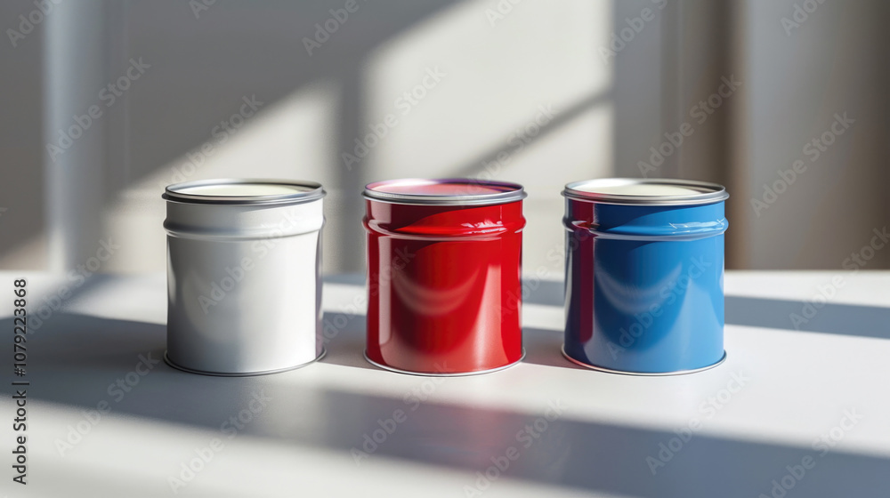 A white, red, and blue paint can line up in a row on a white surface, bathed in the gentle rays of sunlight A white, red, and blue paint can line up in a row on a white surface, bathed in the gentle rays of sunlight