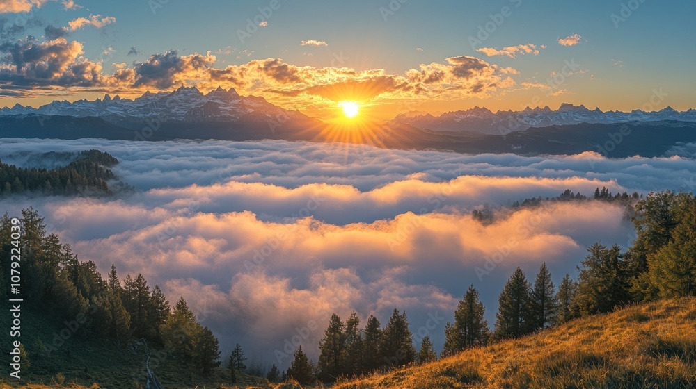 Fototapeta premium Sunrise over a sea of clouds in the mountains, with golden light illuminating the peaks.