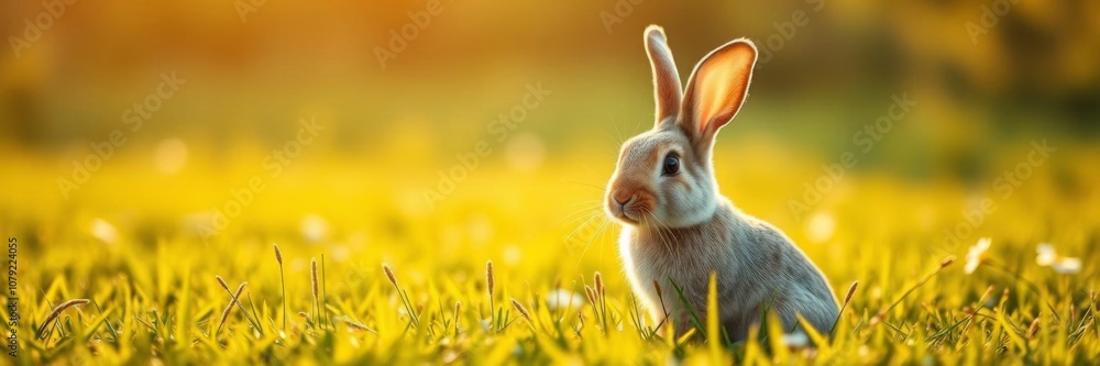 Fototapeta premium Easter bunny running through lush green meadow with warm sunlight, cute rabbit in grass field, bunny, animal