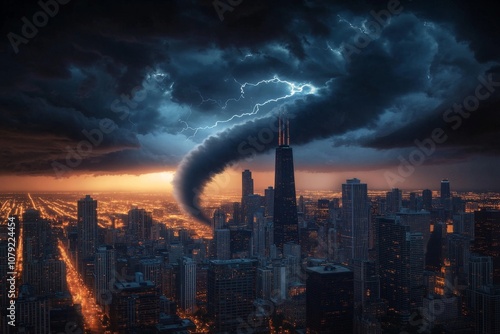 Apocalyptic Storm Over the Chicago Skyline Background