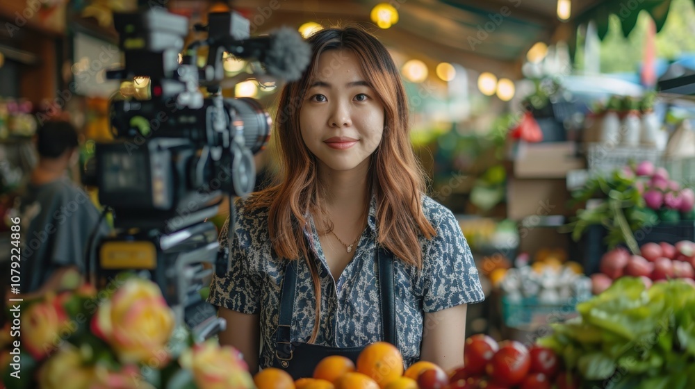 SME owner in Asia engaging in a live stream from her sustainable retail store, promoting eco-friendly practices and plastic-free packaging SME owner in Asia engaging in a live stream from her sustainable retail store, promoting eco-friendly practices and plastic-free packaging