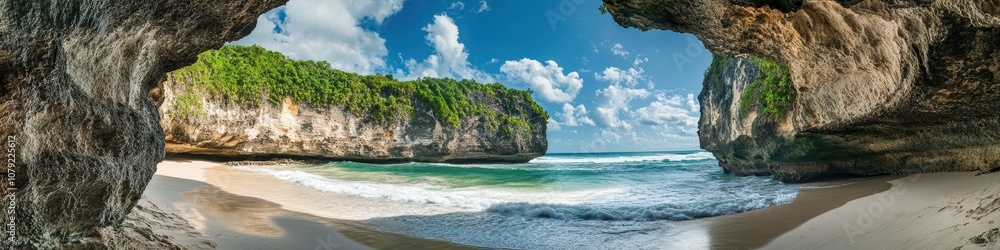 Obraz premium 美しい海の洞窟と白い砂浜が広がる自然の風景、青空の下で楽しむ夏のひととき