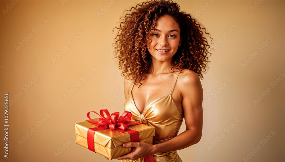 Beautiful and happy girl in New Year's outfit with gifts in her hands Beautiful and happy girl in New Year's outfit with gifts in her hands