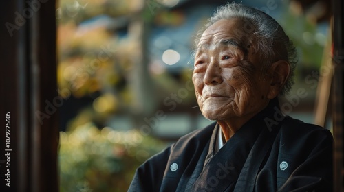 Surrounded by a spectrum of backgrounds, a dignified Asian elder's confident stance exudes a timeless elegance and poise