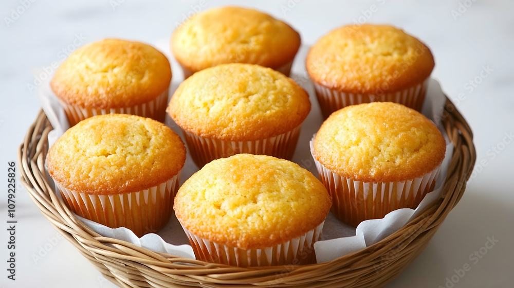 Cornbread Mini Muffins in a Basket with Cornmeal. high quality image Cornbread Mini Muffins in a Basket with Cornmeal. high quality image