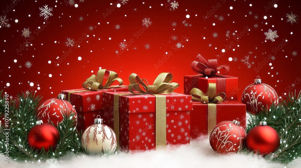 Merry christmas gift boxes background with christmas baubles Merry christmas gift boxes background with christmas baubles