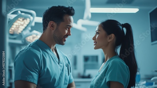 Hispanic Male Dentist Consulting with East Asian Female Hygienist in a Modern Clinic: Professional Portrait in Photorealistic Detail, 8K Quality.