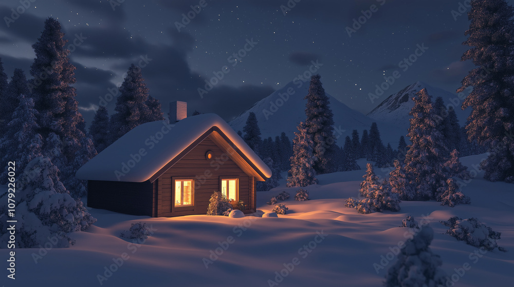 Cozy Cabin in Snowy Landscape with Glowing Fireplace Cozy Cabin in Snowy Landscape with Glowing Fireplace