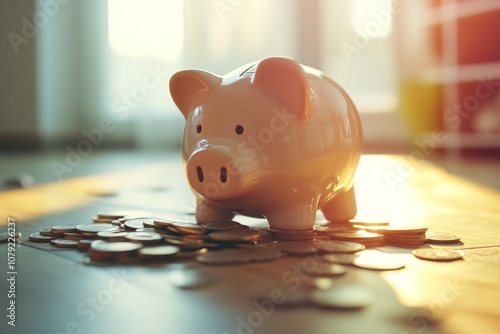 Piggy Bank Surrounded by Coins on Wooden Table