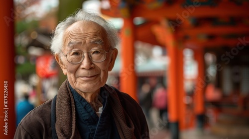 Surrounded by a spectrum of backgrounds, a dignified Asian elder's confident stance exudes a timeless elegance and poise