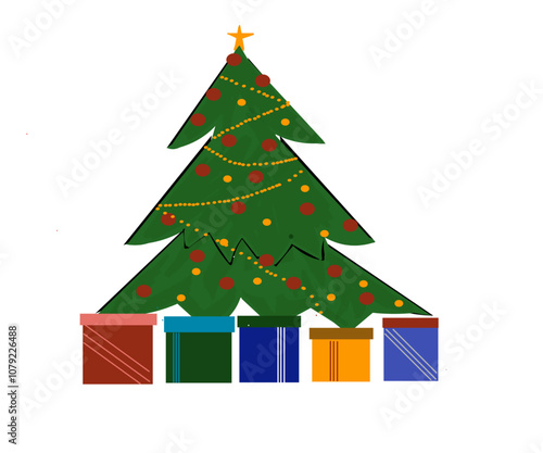 Illustration design of an evergreen tree decorated with colorful lights with various gift boxes under it