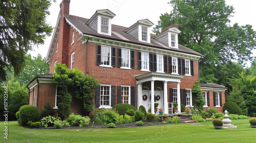 large, red brick house with a peaked roof